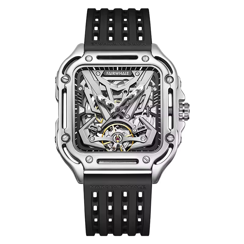 Luxury skeleton sport watch with square metal case, exposed gears, and black perforated strap