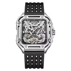 Luxury skeleton sport watch with square metal case, exposed gears, and black perforated strap