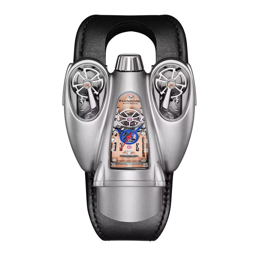 Motorsport-inspired luxury watch with unique cockpit design, visible gears, and bold detailing