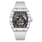 Motorsport-inspired sport-luxury skeleton watch with white strap and detailed mechanical dial