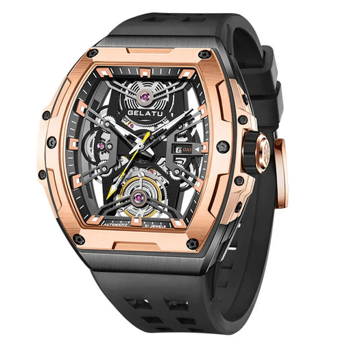 Luxury skeleton dial watch with rose gold case, black rubber strap, motorsport-inspired design
