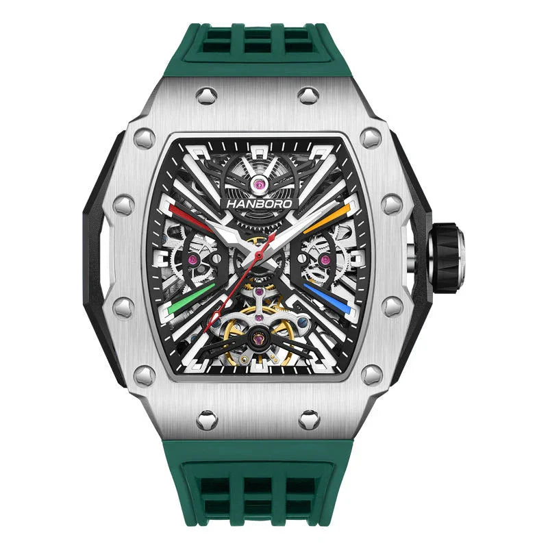 Motorsport-inspired skeleton watch with tonneau case, multicolor details, and green rubber strap