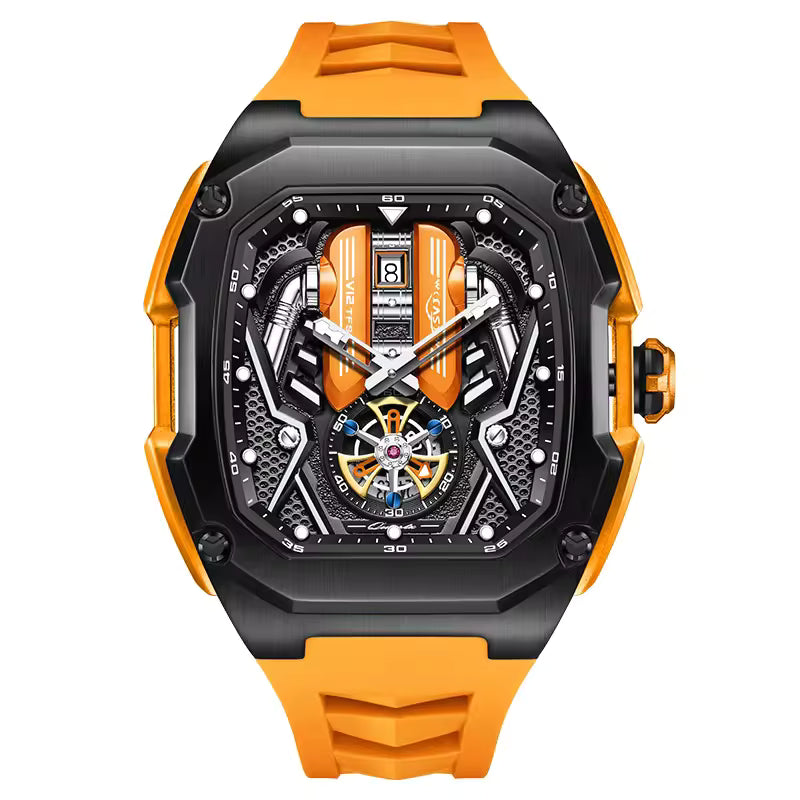 Motorsport-inspired orange and black skeleton watch with bold case and sporty dial design