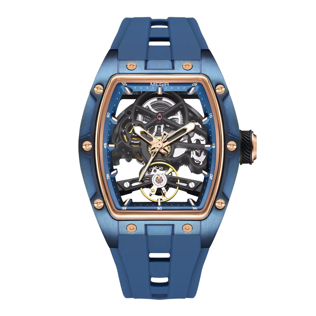 Blue tonneau-shaped skeleton luxury watch with exposed gears, motorsport-inspired design
