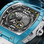 Blue tonneau-shaped racing-inspired luxury watch with openwork dial and sporty chronograph details