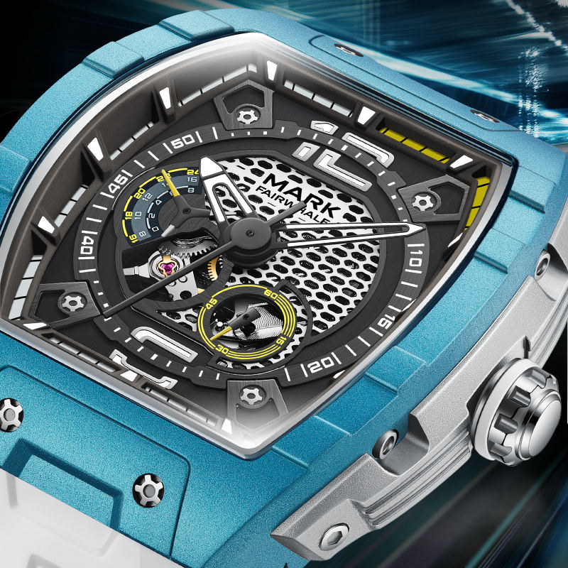 Blue tonneau-shaped racing-inspired luxury watch with openwork dial and sporty chronograph details