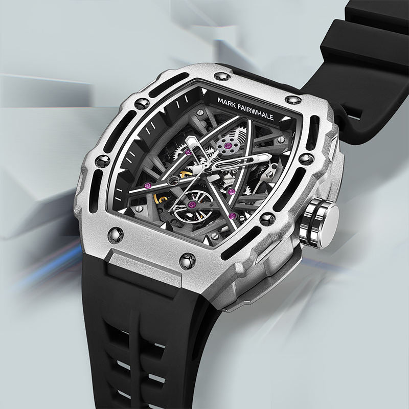 Motorsport-inspired luxury skeleton watch with silver case, exposed gears, and black silicone strap