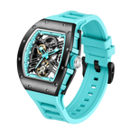 Sport-luxury watch with turquoise strap, skeleton dial, and black carbon fiber case