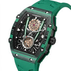 Green tonneau-shaped skeleton watch with bold sport-luxury design, inspired by motorsport.