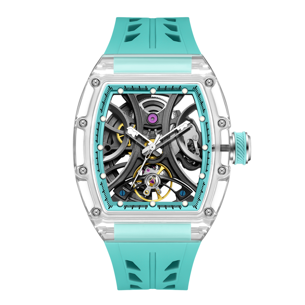 Luxury skeleton watch with a turquoise strap, clear case, and motorsport-inspired design