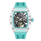 Luxury skeleton watch with a turquoise strap, clear case, and motorsport-inspired design