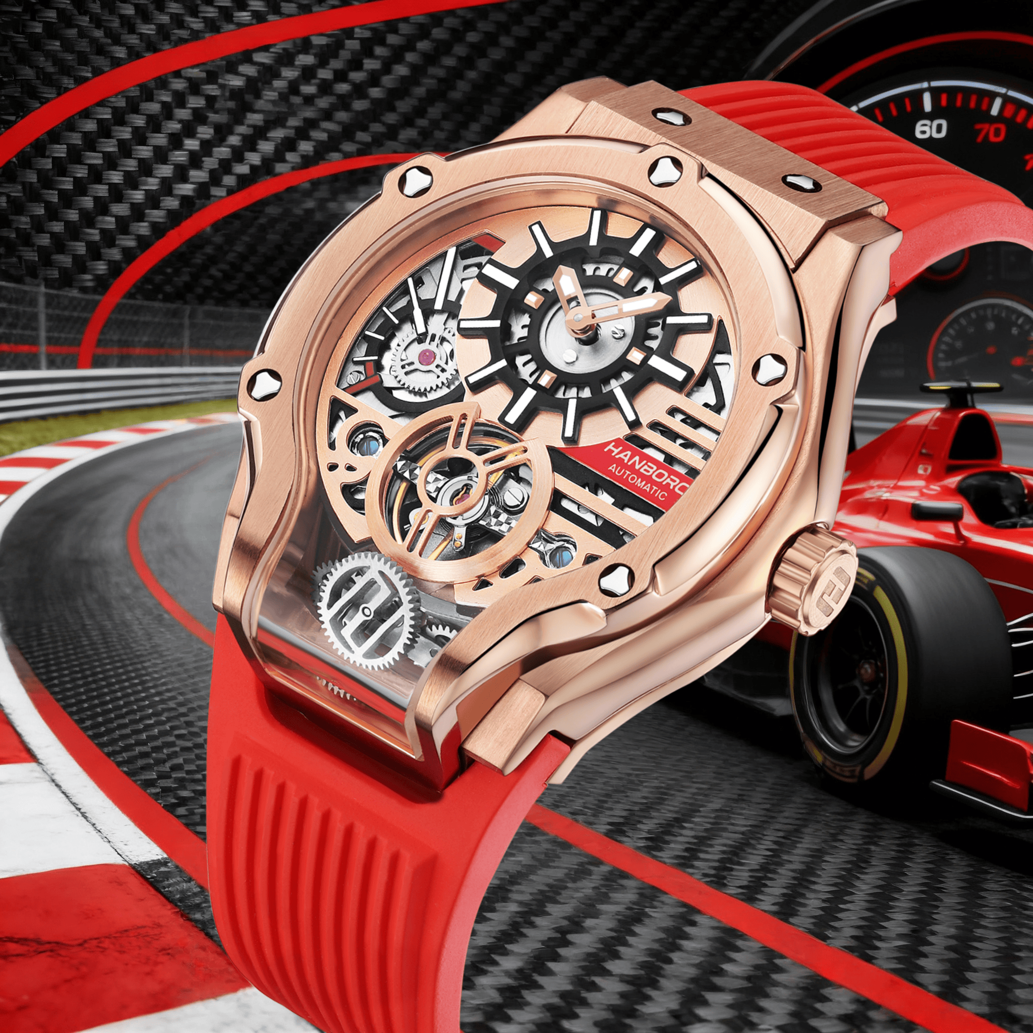 Racing-inspired luxury watch with skeleton dial, rose gold case, red strap, and sport car backdrop