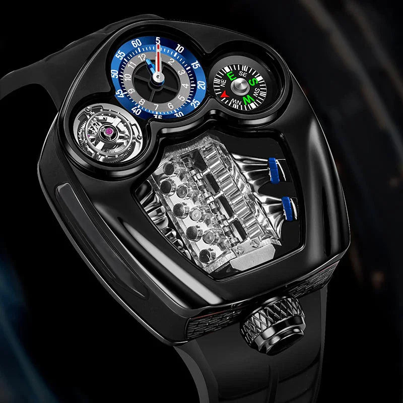 Racing-inspired luxury watch with black case, exposed mechanics, and dashboard-style dials