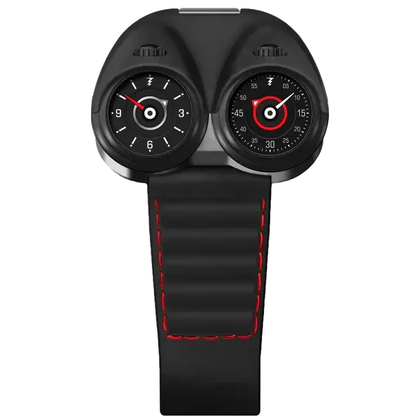 Motorsport-inspired dual-dial luxury watch with black case and black strap with red stitching
