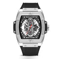 Motorsport-inspired luxury skeleton watch with bold tonneau case and black rubber strap