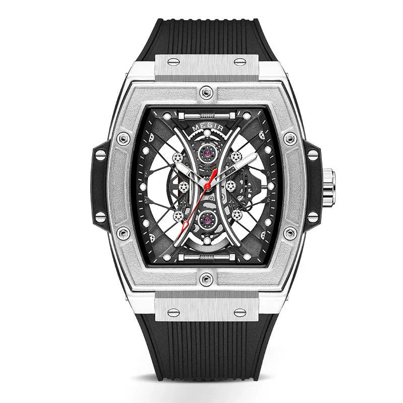 Motorsport-inspired luxury skeleton watch with bold tonneau case and black rubber strap