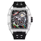 Motorsport-inspired sport-luxury chronograph watch with skeleton dial and bold accents