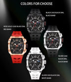 Four motorsport-inspired luxury sport watches with black dials, shown in black, silver, and rose gold cases with matching or contrasting rubber bands in black, white, and red.