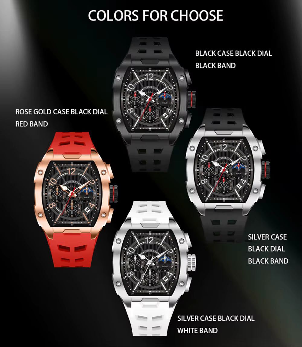 Four motorsport-inspired luxury sport watches with black dials, shown in black, silver, and rose gold cases with matching or contrasting rubber bands in black, white, and red.