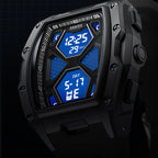 Modern black digital watch with blue LED display, hexagonal face, motorsport-inspired design