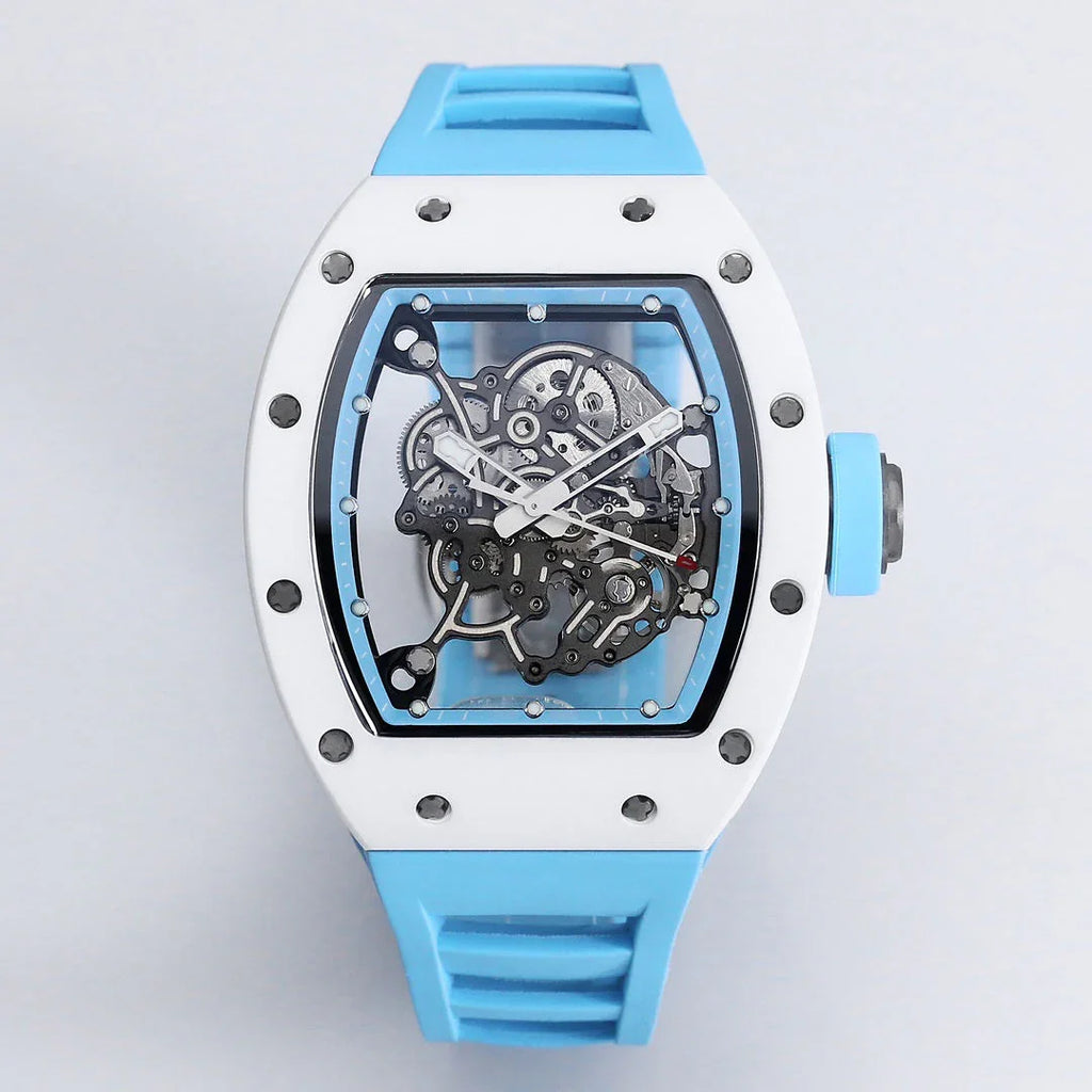 Motorsport-inspired skeleton watch with white case, blue strap, and visible mechanical movement