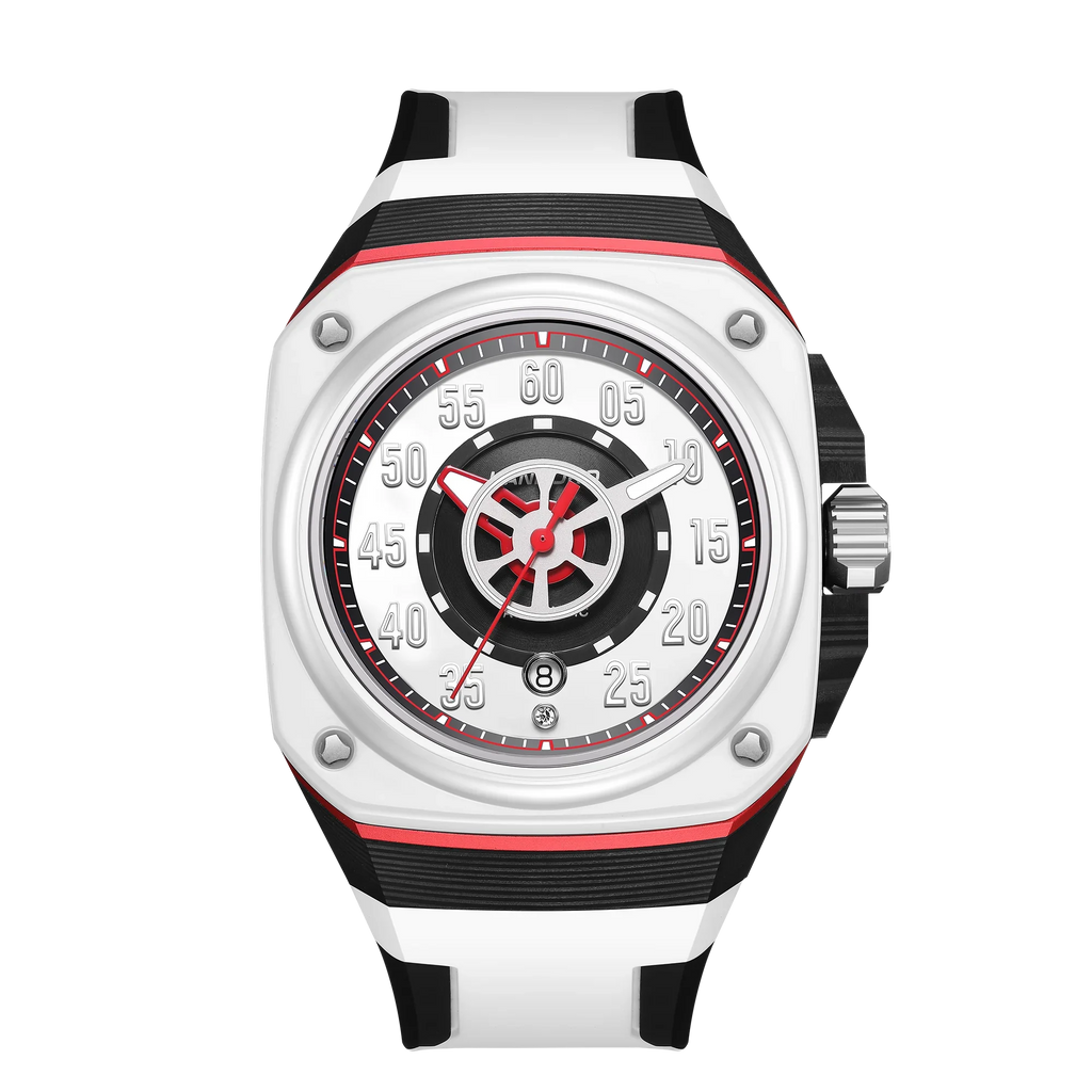 White racing-inspired luxury watch with bold black, red accents, and sporty chronograph design