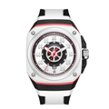 White racing-inspired luxury watch with bold black, red accents, and sporty chronograph design