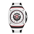 White racing-inspired luxury watch with bold black, red accents, and sporty chronograph design