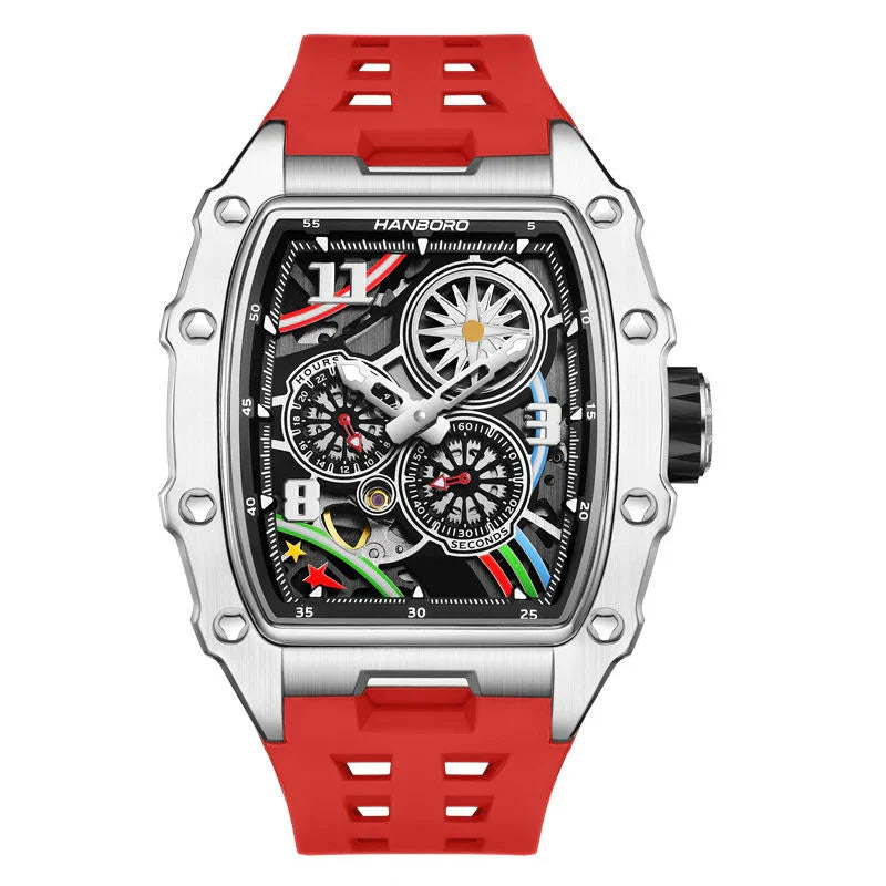 Motorsport-inspired sport-luxury watch with skeleton dial, red strap, and robust case design