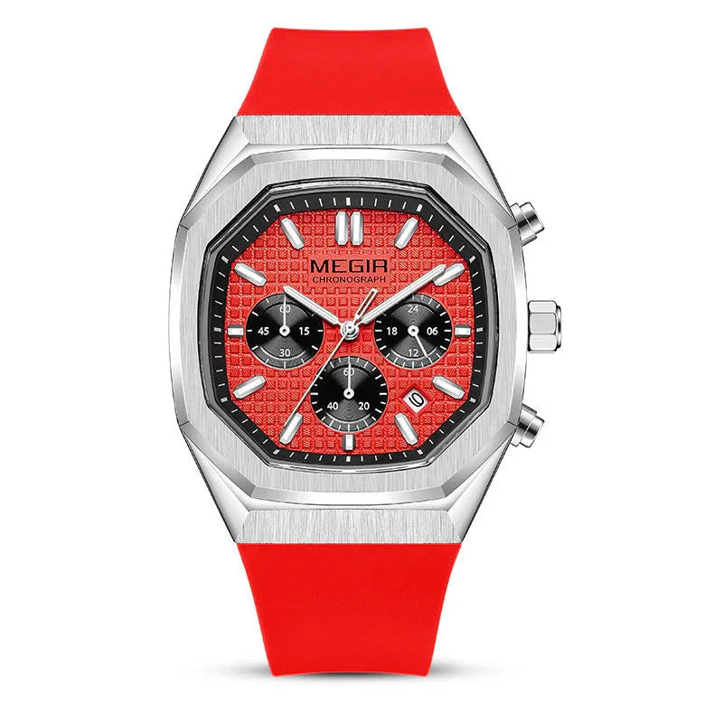 Racing-inspired chronograph watch with red textured dial, three subdials, and bold red strap