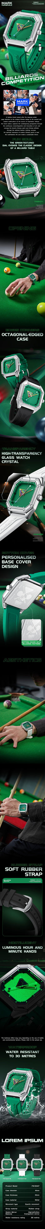Sport-luxury green watch with octagonal case, inspired by motorsport and billiards, bold design