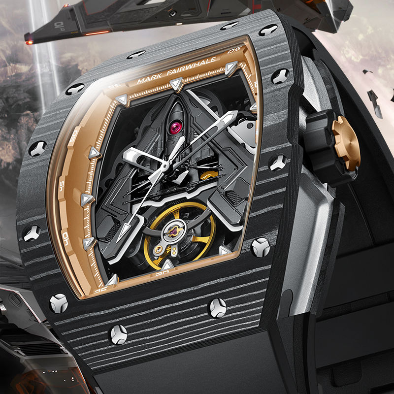 Luxury sport-inspired watch with exposed mechanical movement, carbon fiber case, and gold details