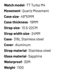 TT Turbo M4 watch specs: quartz movement, 316L stainless steel, 49x51mm case, sapphire glass