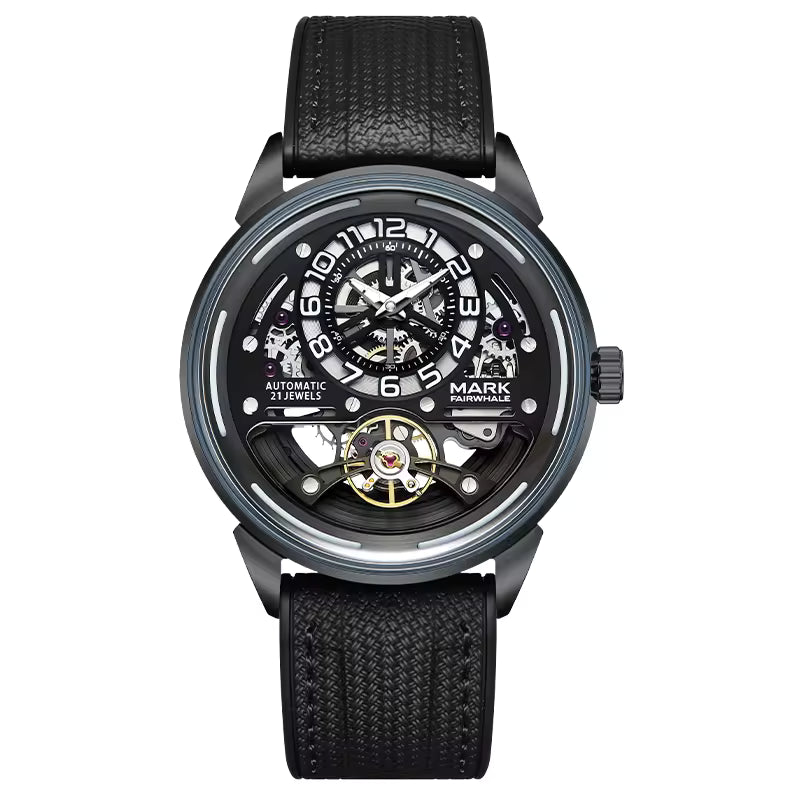 Luxury motorsport-inspired skeleton dial watch with black textured strap and automatic movement