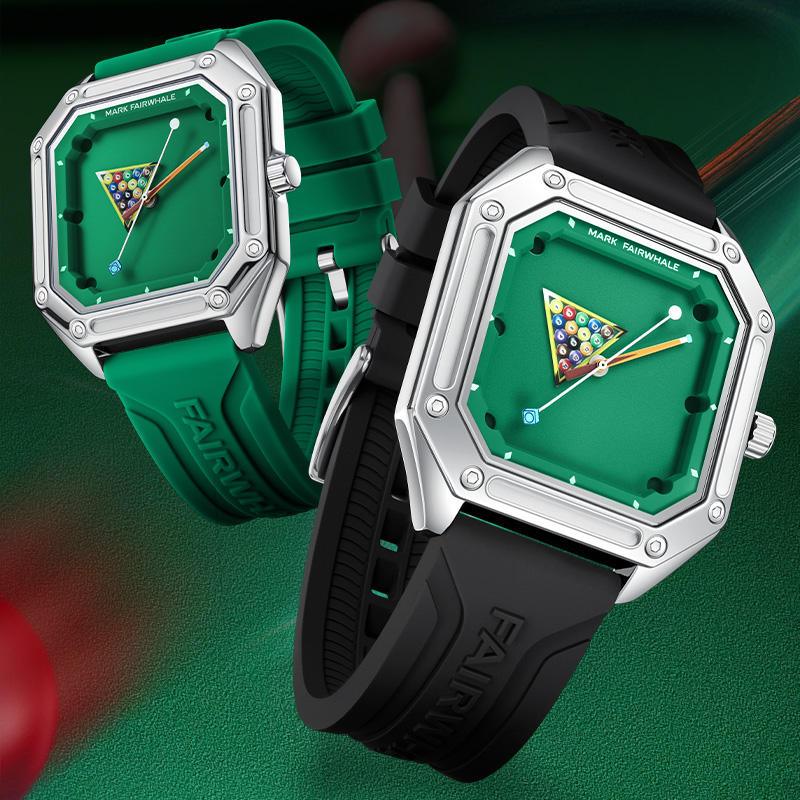 Luxury sport-inspired watches with octagonal cases, green dials, and billiards motif, on rubber straps