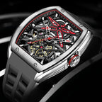 Luxury sport-inspired skeleton watch with tonneau case, red accents, and visible gears