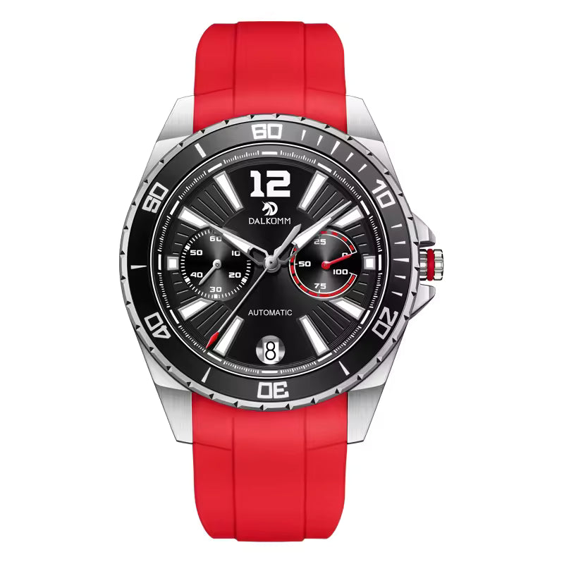 Motorsport-inspired sport-luxury watch with black dial, chronograph subdials, and red rubber strap