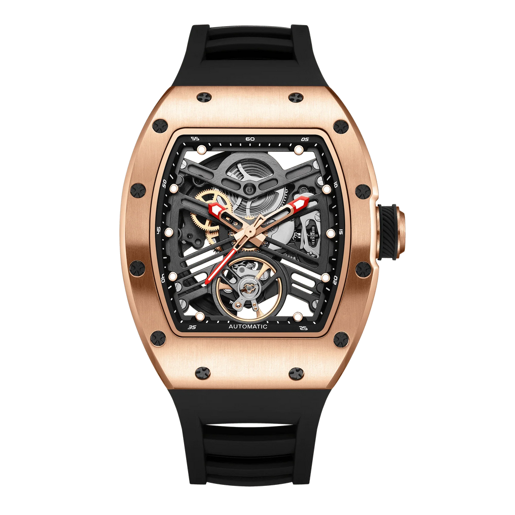 Luxury sport-inspired automatic watch with rose gold case, skeleton dial, and black rubber strap
