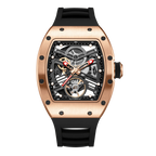 Luxury sport-inspired automatic watch with rose gold case, skeleton dial, and black rubber strap