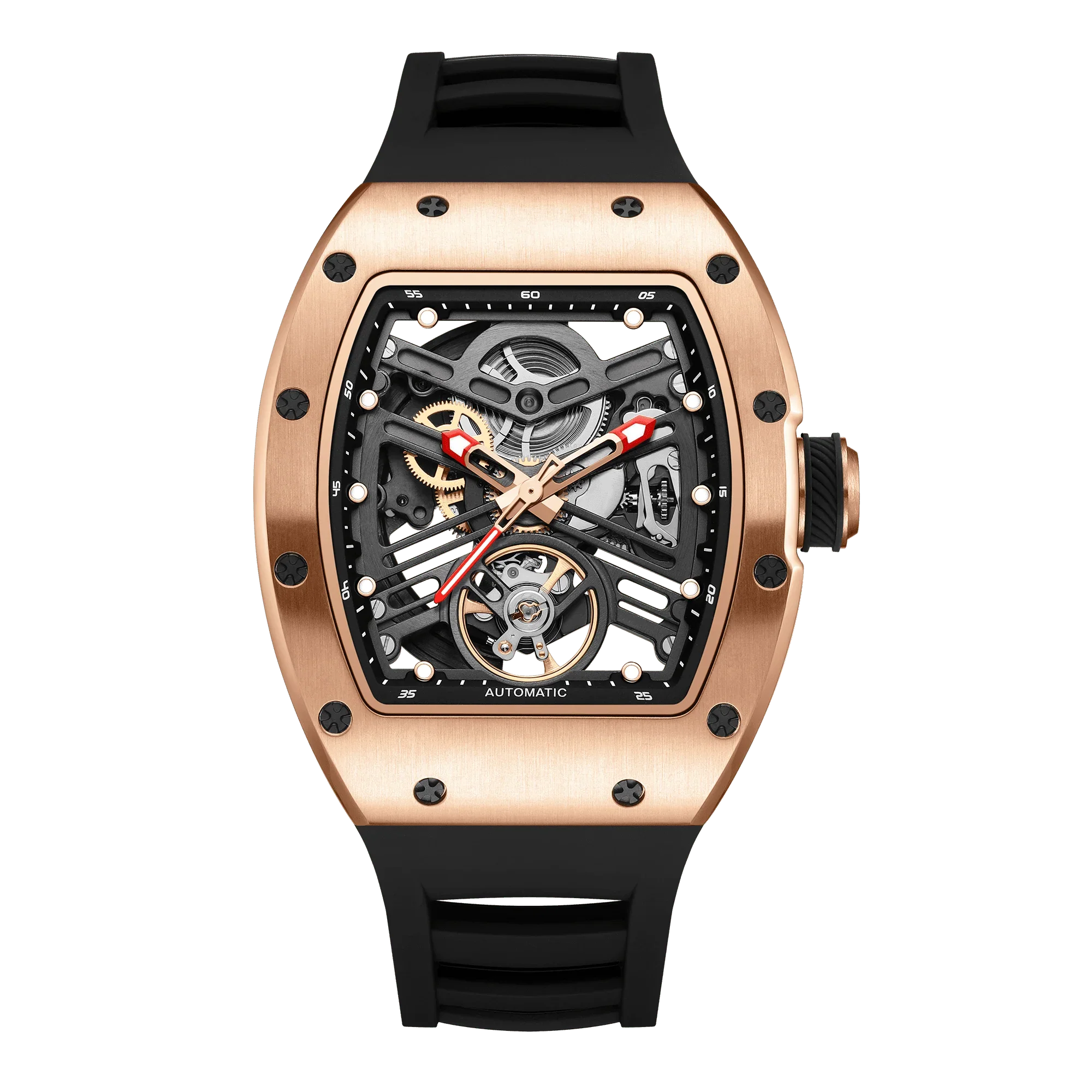 Luxury sport-inspired automatic watch with rose gold case, skeleton dial, and black rubber strap