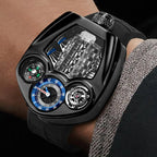 Motorsport-inspired luxury watch with bold black case, mechanical dial, and sporty design on wrist