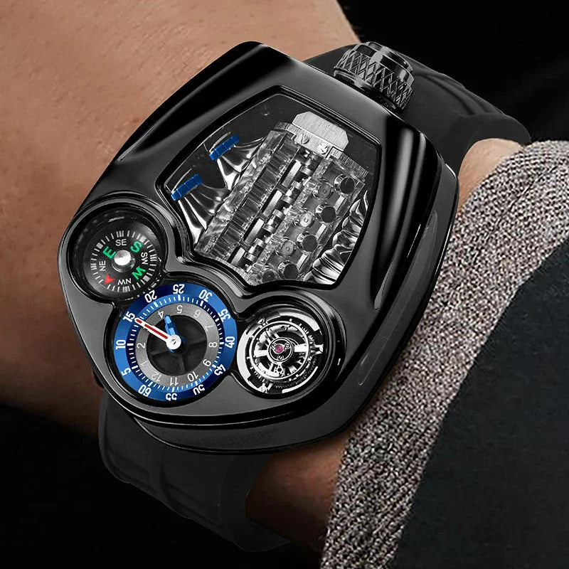 Motorsport-inspired luxury watch with bold black case, mechanical dial, and sporty design on wrist