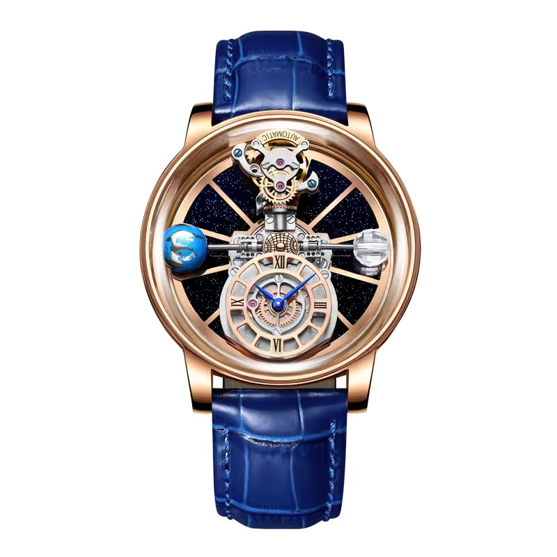 Luxury skeleton watch with planetary dial, gold case, blue leather strap, inspired by motorsport and European design