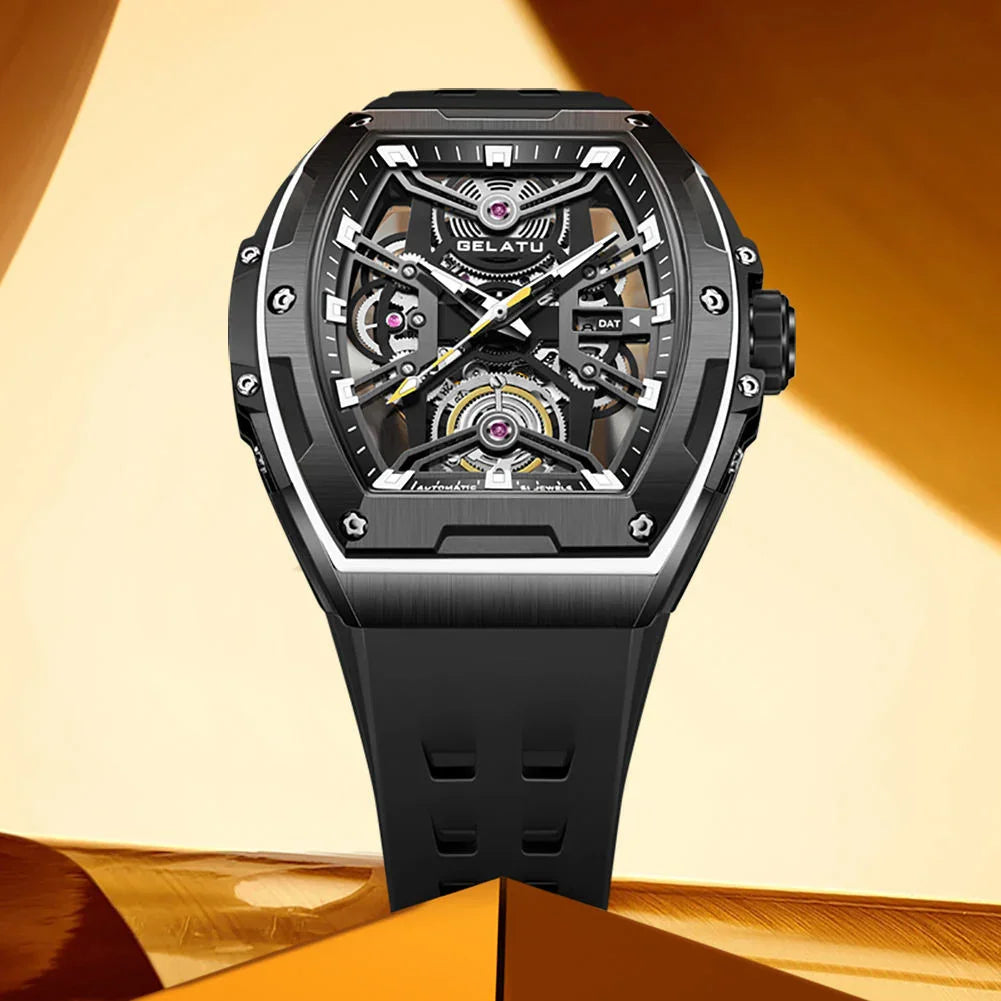 Luxury motorsport-inspired skeleton watch with black case, rubber strap, and open-worked dial