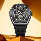Luxury motorsport-inspired skeleton watch with black case, rubber strap, and open-worked dial