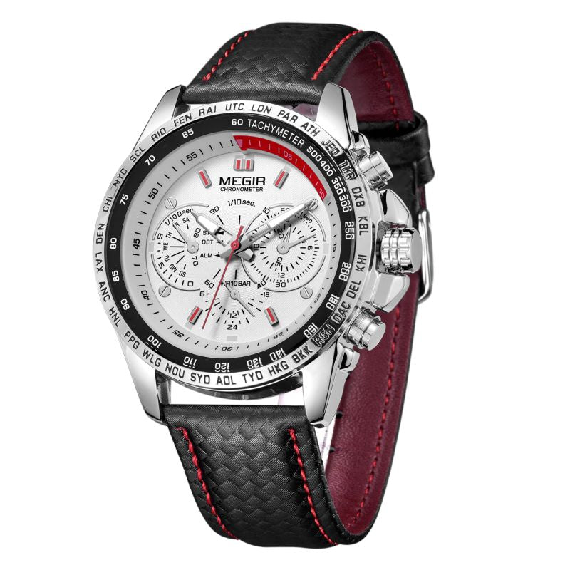 Luxury chronograph watch with tachymeter bezel, black leather strap, red stitching, and sport-luxury design