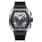 Luxury motorsport-inspired chronograph watch with tonneau case, skeleton dial, and black rubber strap