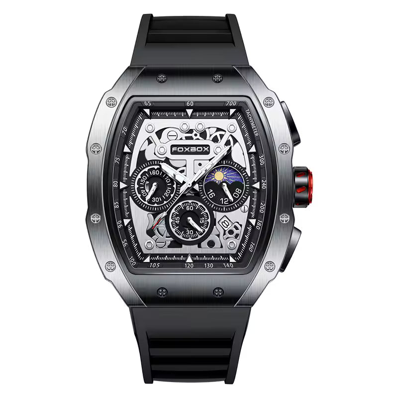 Luxury motorsport-inspired chronograph watch with tonneau case, skeleton dial, and black rubber strap