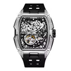 Luxury skeleton dial watch with sporty black strap, motorsport-inspired design, diamond accents