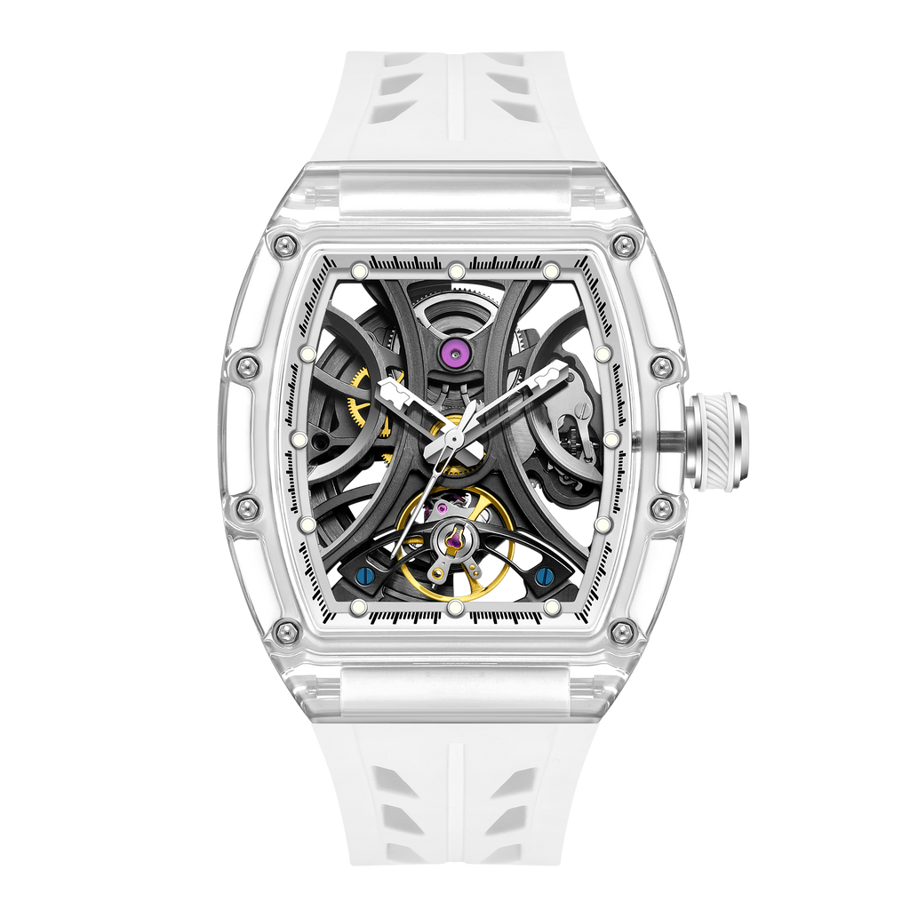 Skeleton dial sport-luxury watch with transparent case, exposed movement, and bold white strap